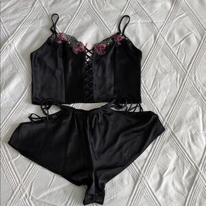 Victoria's Secret Black Satin Lace-Up Cami & Shorts with Pink Floral Embroidery